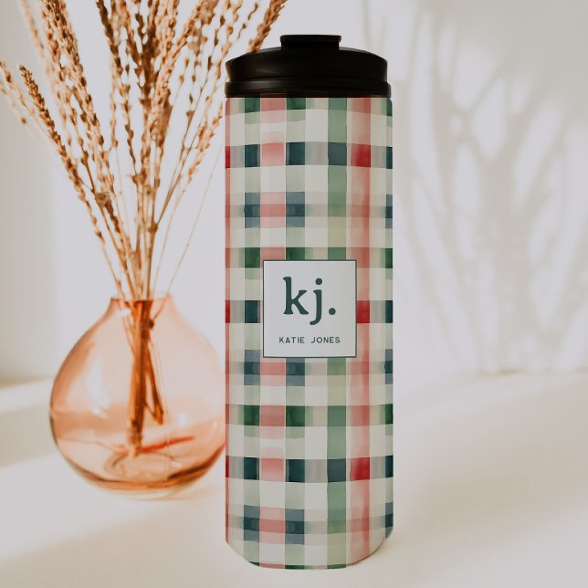 Soft Evergreen Gingham Monogram Thermosbecher (Von Creator hochgeladen)