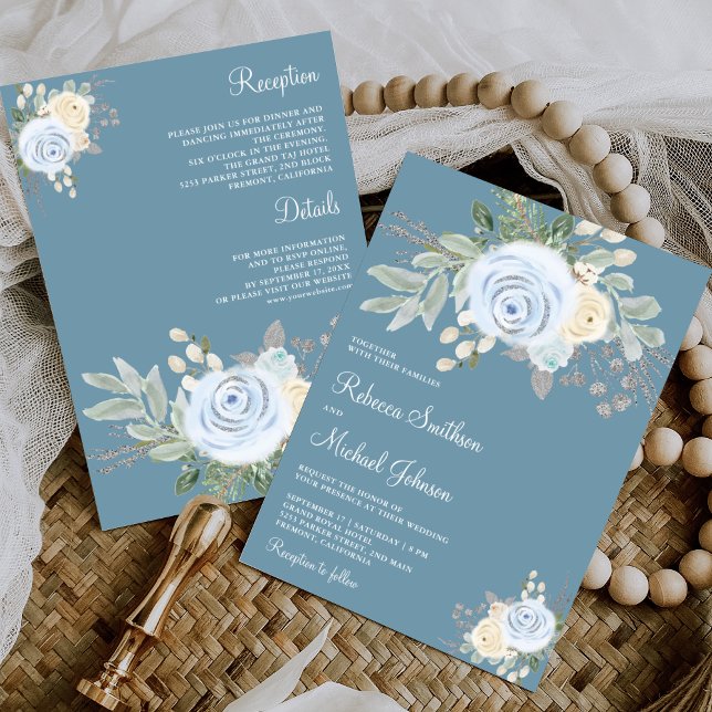 Soft Floral Bouquet Dusty Blue All in One Wedding Einladung (Von Creator hochgeladen)