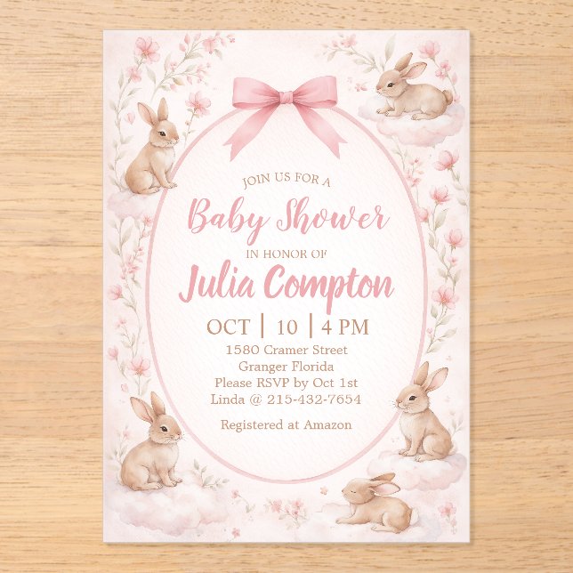 Soft Floral Bunny Baby Shower Invitation  Acryleinladungen (Vorderseite)