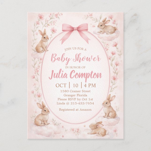 Soft Floral Bunny Baby Shower Invitation  Einladungspostkarte (Vorderseite)