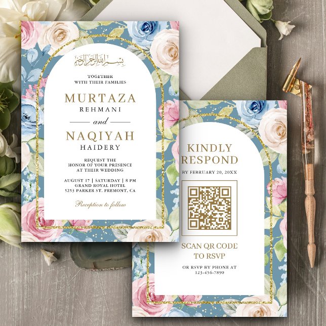 Soft Floral Gold Arch QR Code Blaue muslimische Ho Einladung (Von Creator hochgeladen)