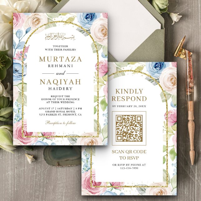 Soft Floral Gold Arch QR Code Muslime Hochzeit Einladung (Von Creator hochgeladen)