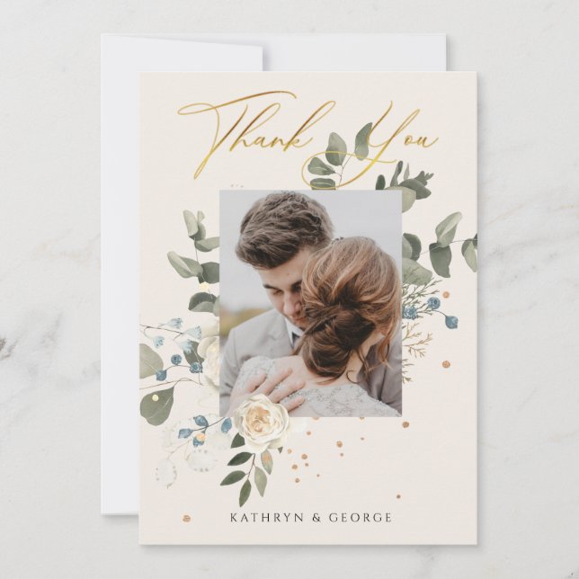 Soft Floral Gold Botanical Foliage Wedding Foto Dankeskarte (Vorderseite)