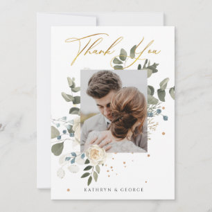 Soft Floral Gold Botanical Foliage Wedding Foto Dankeskarte
