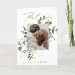 Soft Floral Gold Botanical Foliage Wedding Foto Dankeskarte