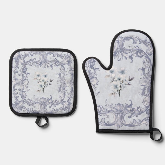 Soft French blue Scrolls mit Blume Ofenhandschuh & Topflappen-Set (Vorderseite)