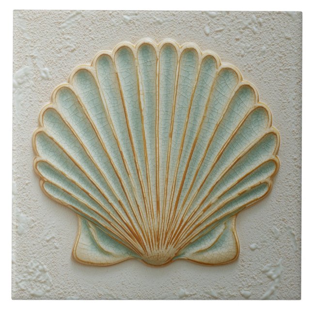 Soft Gold and Aqua Coastal Scallop Shell Fliese (Vorderseite)
