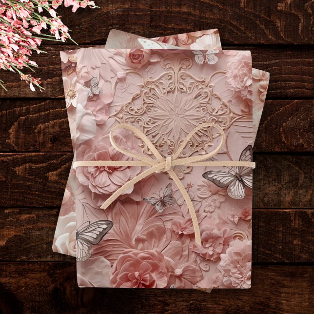 Soft Gold Baroque Blush Floral Butterfly Collage Geschenkpapier Set (Von Creator hochgeladen)