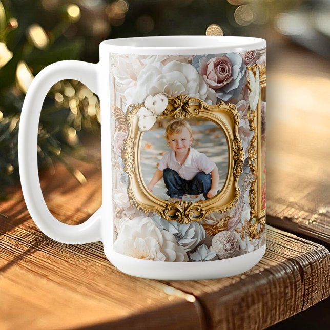 Soft Gold Baroque Floral Photo Frames Collage Kaffeetasse (Von Creator hochgeladen)