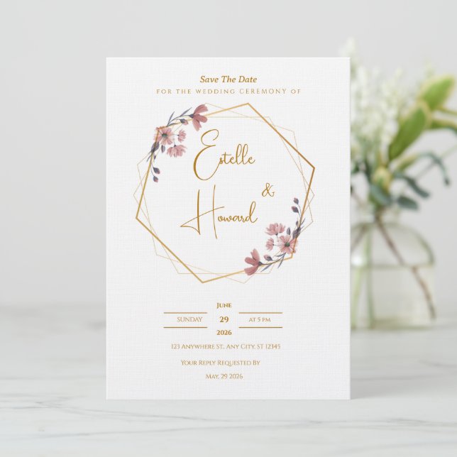 Soft Gold & Pink Floral Invite Einladung (Stehend Vorderseite)