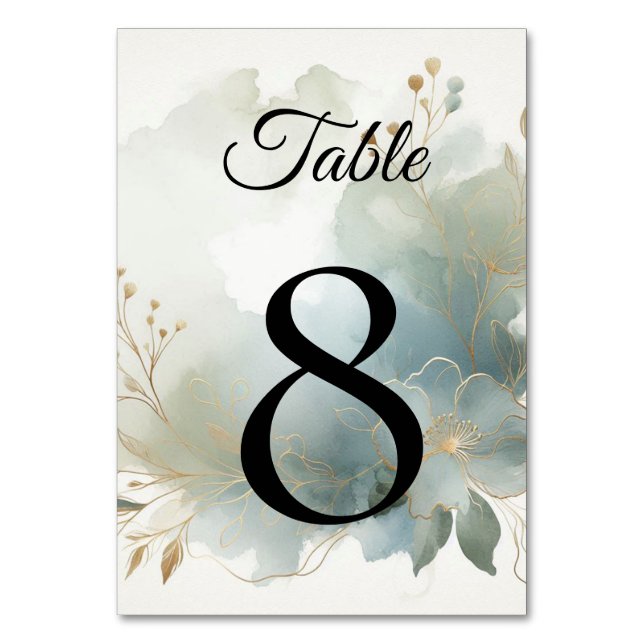 Soft Golden Dusty Blue Romance Wedding Tischnummer (Vorderseite)