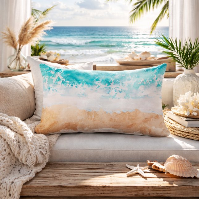 Soft Gradient Coastal Sandy Beach Teal Ocean Waves Lendenkissen (soft gradient sandy beach waves lumbar pillow)