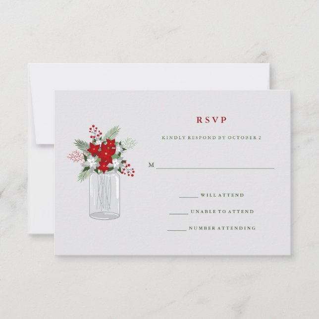 Soft Gray Winter Holiday Mason Jar Wedding RSVP Karte (Vorderseite)