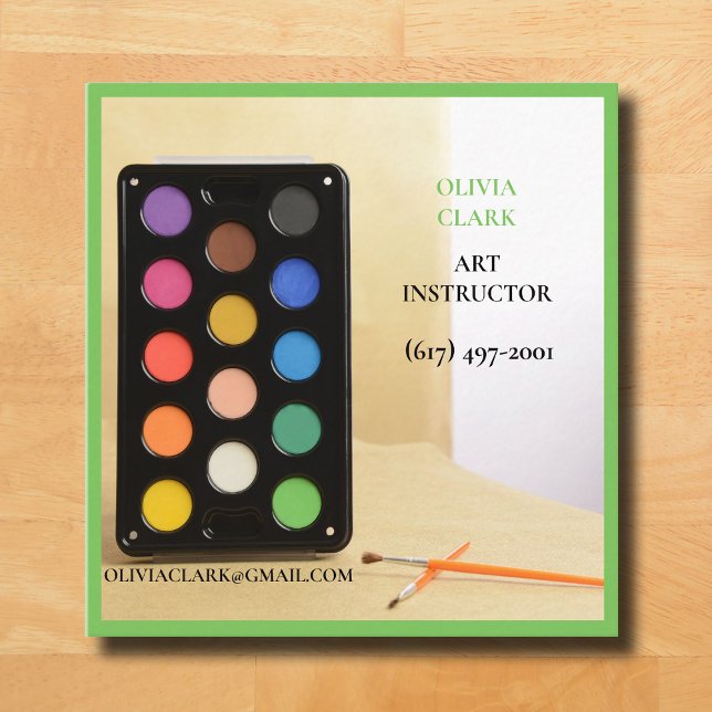Soft Green Artist/Tutor/Lehrer Art Quadratische Visitenkarte (Green Business Card Multicolor Water Palette )
