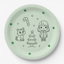 Soft Green Cute Girl and Cat Christmas Design Pappteller