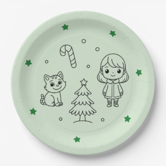 Soft Green Cute Girl and Cat Christmas Design Pappteller