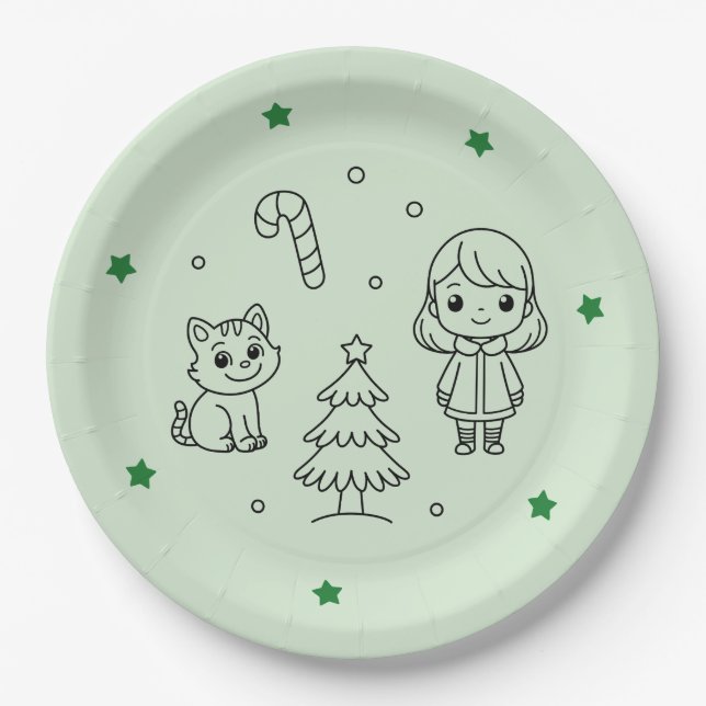 Soft Green Cute Girl and Cat Christmas Design Pappteller (Vorderseite)