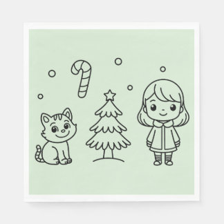 Soft Green Cute Girl and Cat Christmas Design Serviette