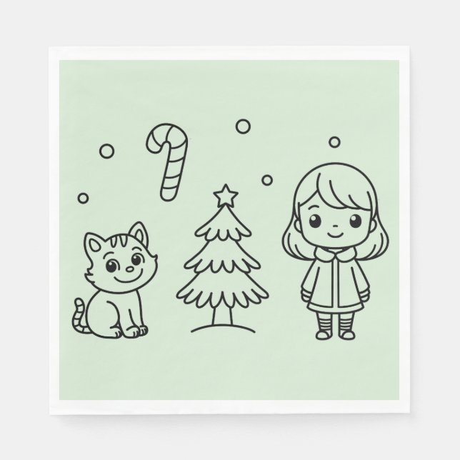 Soft Green Cute Girl and Cat Christmas Design Serviette (Vorderseite)