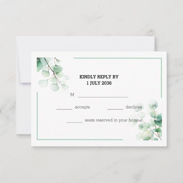 Soft Green Elegantus Eucalyptus Twigs Wedding RSVP Karte (Vorderseite)