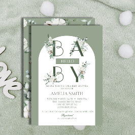 Soft Green Minimalistisch Hello Baby Floral Arch Einladung