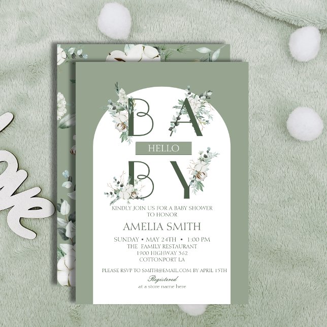 Soft Green Minimalistisch Hello Baby Floral Arch Einladung (Von Creator hochgeladen)