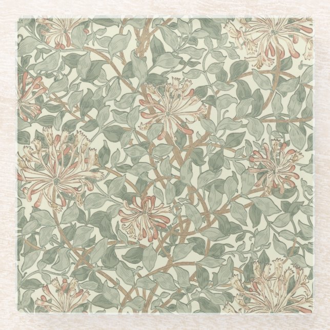 Soft Green Vintag William Morris Honeysuckle Glasuntersetzer (Vorderseite)