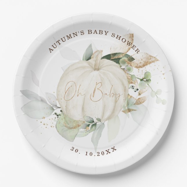 Soft Greenery Gold Pumpkin Baby Dusche Herbst Pappteller (Vorderseite)
