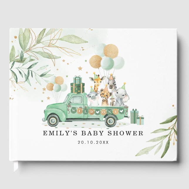 Soft Greenery Gold Safari Jungle Baby Dusche Gästebuch (Vorderseite)