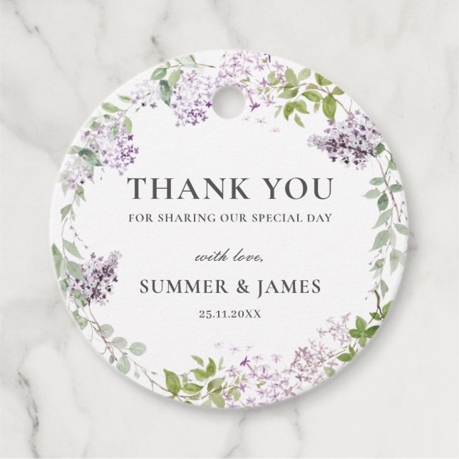 Soft Hued Lilac Lila Floral Wedding Vielen Dank Geschenkanhänger (Vorderseite)