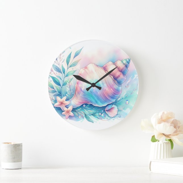 Soft Iridescent Pastel Hues Conch Seashell Große Wanduhr (Zuhause)