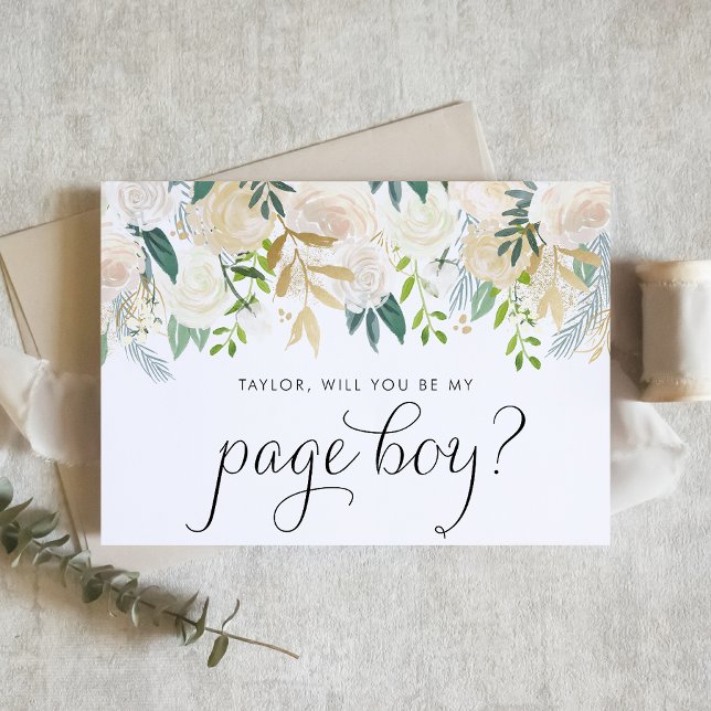 Soft Ivory Blume werden Sie mein Page Boy (Charming floral page boy proposal card with ivory flowers, greenery, and faux gold foil accents.)