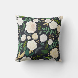 Soft Ivory Blumenmuster mit schwarzem Gold Glitzer Kissen