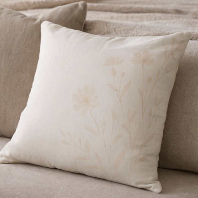 Soft Ivory Florals Throw Pillow Kissen (Muted gray and peach-beige florals designed for serene bedrooms and reading corners)