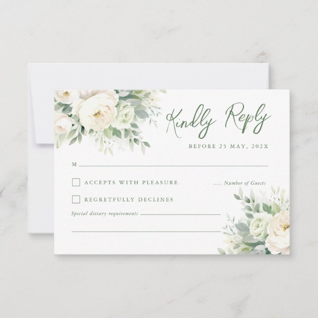 Soft Ivory Watercolor Creme Peony & Rose RSVP Karte (Vorderseite)