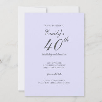 Soft Lavender Minimalistisch 40. Geburtstag Einlad Einladung