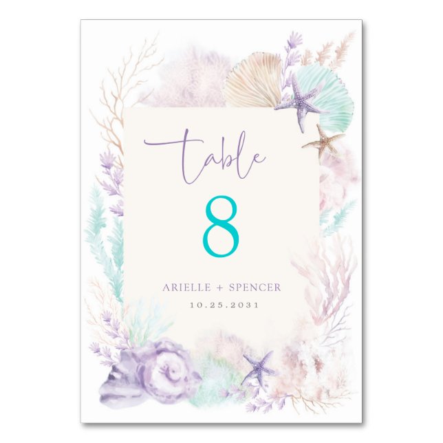 Soft Lavender Mint Ocean Wedding Tischnummer (Vorderseite)