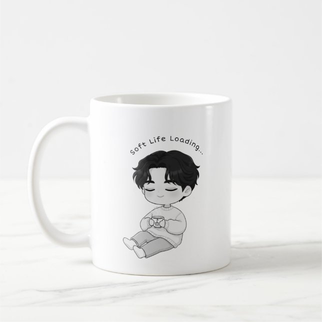 Soft Life Loading Cozy Chibi Jungen Tee Kaffeetasse (Links)