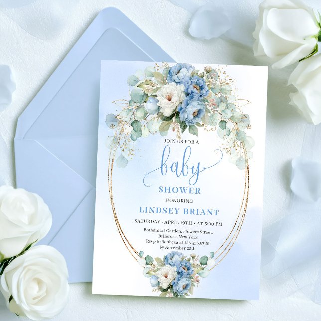 Soft Light Blue Peonies Greenery Gold Baby Shower Einladung (Soft Light Blue Peonies Greenery Baby Shower Invitation)
