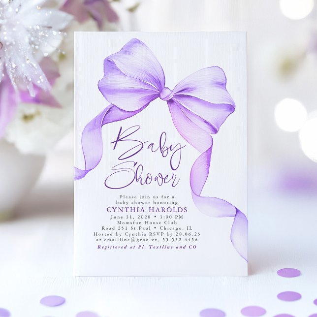 Soft Lila Bow Niedlich Elegante Babydusche Einladung (Purple Bow Baby Shower Invitation)