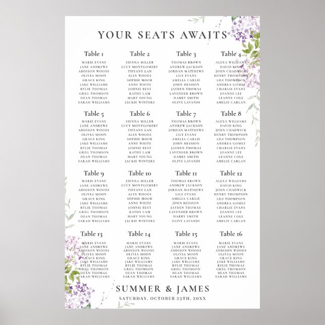Soft Lilac Lila Floral Wedding Chart Poster (Vorne)