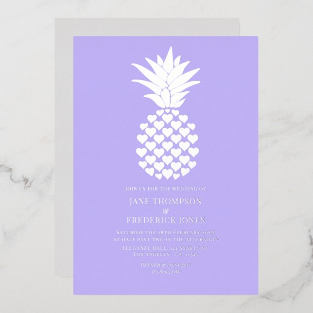 Soft Lilac & Silver Tropical Pineapple Wedding Folieneinladung (Vorderseite/Rückseite)