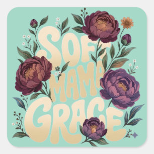 Soft Mama Grace Deep Plum Floral Retro-Typografie  Quadratischer Aufkleber