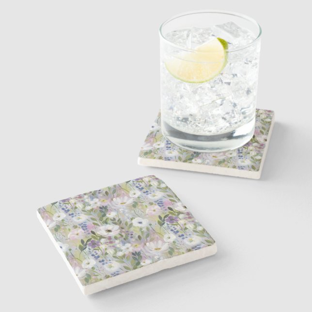 Soft Meadow Floral Aquarell Steinuntersetzer (Seitenansicht)