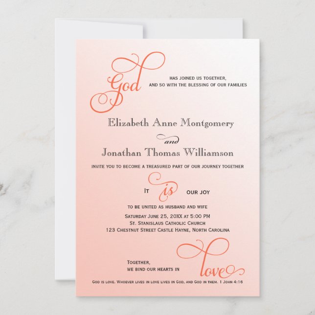 Soft Melon Script God is Liebe Christlich Wedding Einladung (Vorderseite)