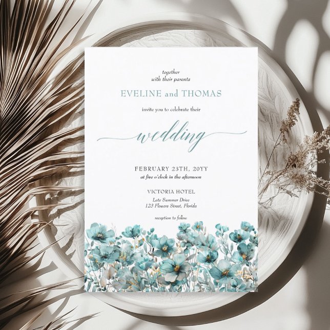 Soft minimalistisch boho Sommer türkisfarbene Wild Einladung (Soft minimalist boho summer turquoise wildflowers invitation)