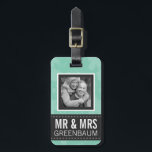 Soft Mint and Grey Mr. und Mrs. Personalisiert Fot Gepäckanhänger<br><div class="desc">Hier ist ein ultra-schicker Gepäckanhänger, speziell für verheiratete Paare. Ein zarter, dezent grüner, blumengrüner gemusterter Hintergrund auf beiden Seiten mit schwachen Blätter und blumengeschmückten Details, der vorne mit fett-, blockgeschweiften Schriftzügen und einem kohlegrau gesteppten Farbbandstreifen betont wird. Einfach mit deinem Nachnamen personalisiert. Möglicherweise müssen Sie den Schriftart so anpassen, dass...</div>