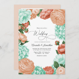 Soft Mint, Apricot & Warm Coral Floral Wedding Einladung