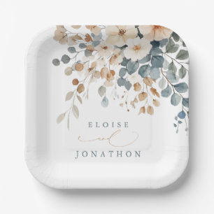 Soft Mute Earthy Tone Floral Water Wedding Pappteller