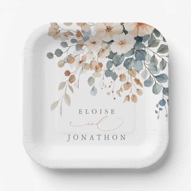 Soft Mute Earthy Tone Floral Water Wedding Pappteller (Vorderseite)